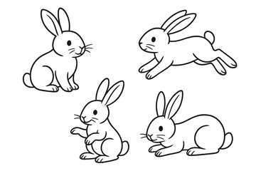 Four playful rabbits illustrated in various poses showcasing their playful nature and agility