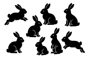 Collection of black rabbit silhouettes showcasing various poses and movements on white background