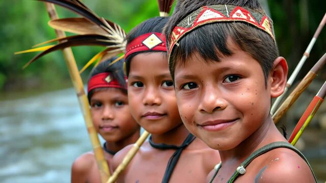 Indigenous children from the Amazon rainforest engaging in traditional activities along the riverbank during a sunny day