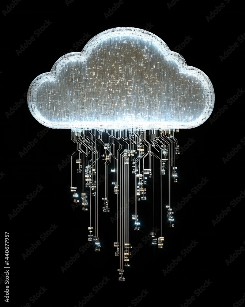 Poster digital cloud computing concept with circuit board texture on black background technology innovation