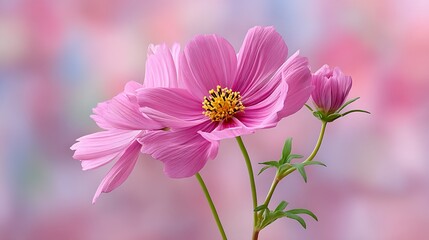 Fototapeta premium Pink cosmos flower, detailed petals with vibrant yellow center, blurry pastel background