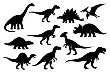 Silhouettes of various dinosaurs including T-Rex, Stegosaurus, and Pterodactyl in a creative design for educational or decorative purposes