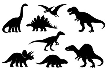 Silhouettes of various dinosaurs in different poses against a plain background highlighting prehistoric species diversity