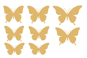 Multiple golden butterflies in varying positions arranged on a white background