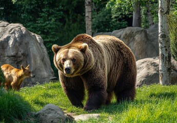 Majestic brown bear walking through lush green grass in a serene forest setting, with a curious fox in the background observing its surroundings
