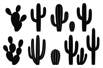 Collection of various cactus silhouettes set against a light background showcasing different shapes and sizes