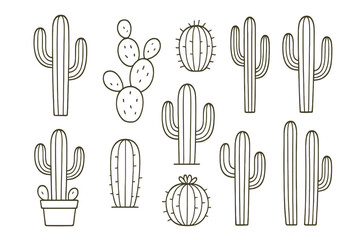 Diverse collection of cactus illustrations in simple line art style showcases various species and shapes in a creative arrangement