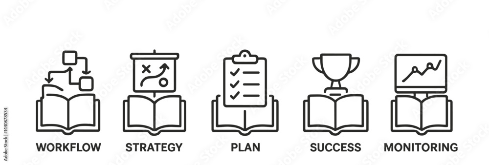 Poster workflow strategy and success monitoring elements displayed in a simple and clear icon design for ef