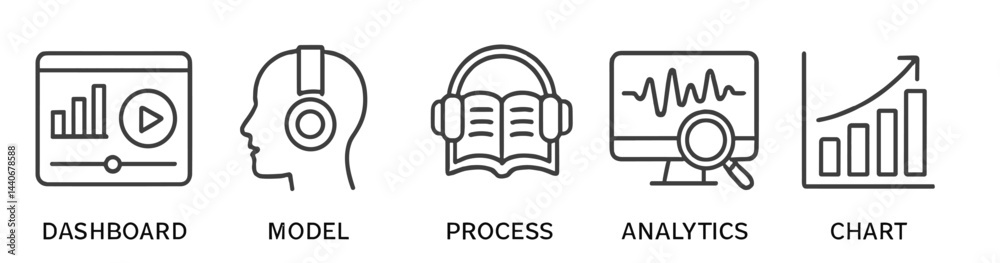 Poster visual representation of data analysis tools with icons showcasing dashboard, model, and chart conce