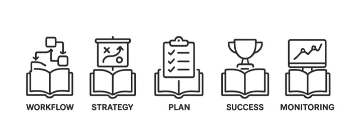 Workflow strategy and success monitoring elements displayed in a simple and clear icon design for effective planning