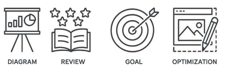 Visual elements depicting diagram, review, goal setting, and optimization concepts in a minimalistic design