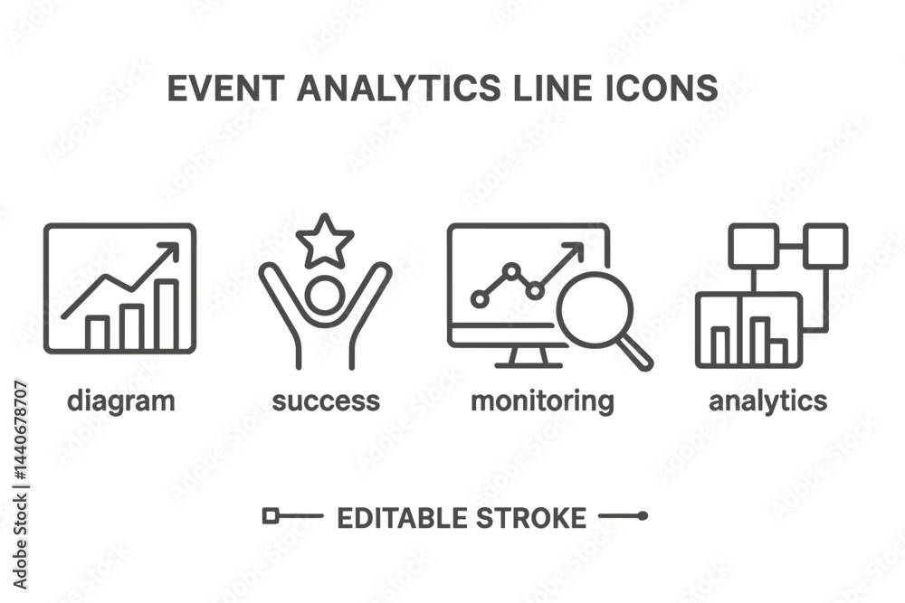 Poster event analytics line icons represent various aspects of data analysis and success metrics in a simpl