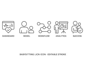 Icons representing concepts of dashboard, model, workflow, analytics, and success in a clear and simple design for professional use