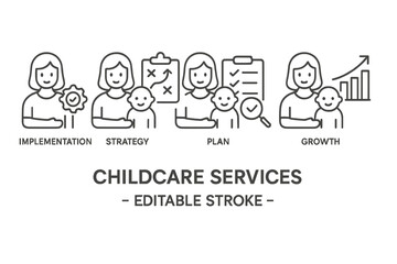 Childcare services graphic illustrating implementation, strategy, planning, and growth for effective child development