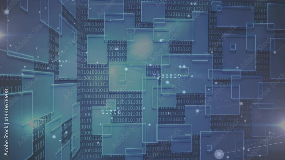 Poster digital network floating over blue binary code, connecting glowing nodes with translucent 3d panels