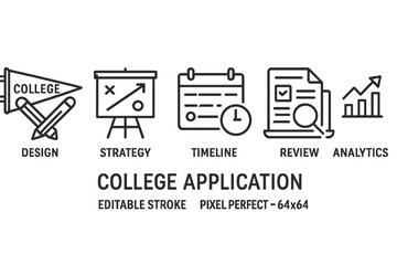 College application process illustrated through design, strategy, timeline, review, and analytics with graphic icons