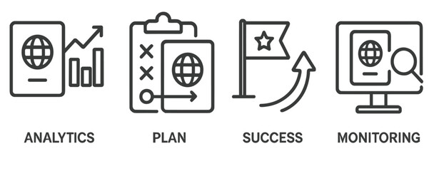 Illustration of analytics, planning, success, and monitoring in a global context with icons representing international strategy