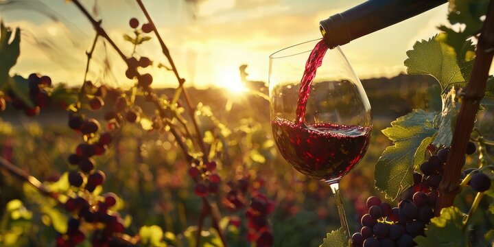 A vineyard scene with a glass of red wine being poured.