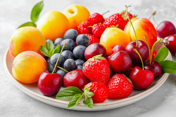 Ripe fruits and berries in a plate on a light background
