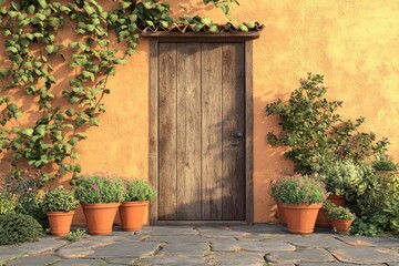 Fototapeta premium Exterior view of a rustic terracotta colored house with a wooden door and garden.