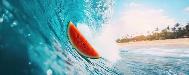 National watermelon day with refreshing slice idea. Watermelon slice surfing across wave in a vibrant ocean scene.