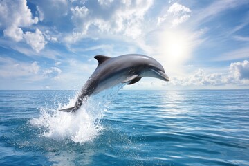 Playful dolphin leaps from ocean waves, surrounded by splashes under a sunny sky
