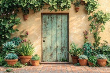 Charming, light-beige exterior facade with a vintage teal door and lush greenery.