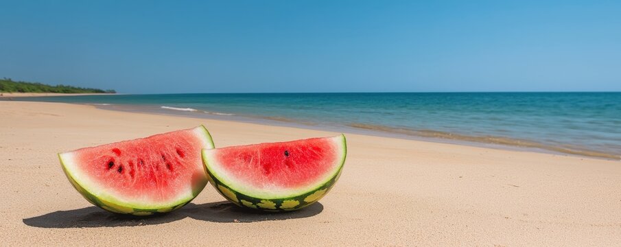 National watermelon day with refreshing slice idea. Slices of watermelon on a sandy beach by the sea.