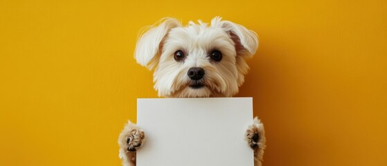 Charming Maltese Dog Holding Blank White Sign Against Bright Yellow Background Perfect for Pet Adoption Campaigns and Veterinary Services Advertisement