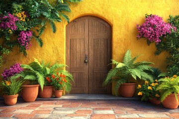 Fototapeta premium Exterior facade of a vibrant yellow building with a wooden door and lush landscaping.