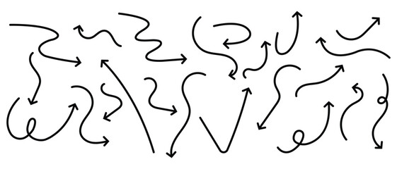 Set of squiggle line arrows. Arrows hand-drawn doodle icons set. Collection of arrows. Hand-drawn curved arrows collection set isolated on a white background.