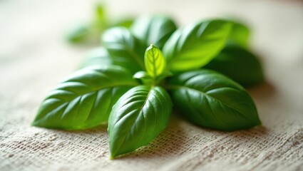 Emerald Basil Crown: A Vibrant Close-Up of Fresh Herbaceous Leaves Resting on a Textured Linen Surface, Evoking Culinary Delights and Summer Flavors.