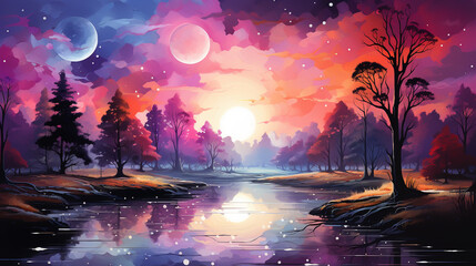 Obraz premium Watercolor painting morning on the lake in the reflection of water, fabulous landscape