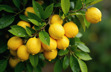Vibrant yellow lemons with water droplets, surrounded by lush green leaves.