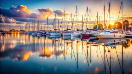 Fototapeta premium Sailboats reflections on still water near marina with blurred background and soft lighting creating dreamy nautical atmosphere