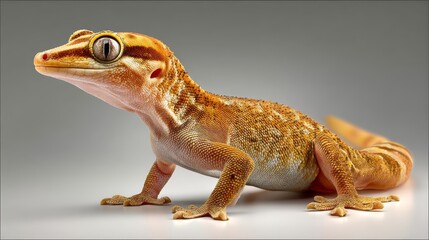Obraz premium Close-up of a vibrant yellow and orange leopard gecko on a gray background