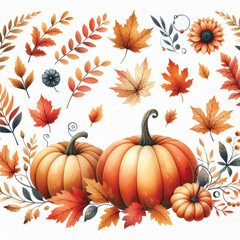 Watercolor Autumn Pumpkin Clipart, Fall Floral Leaves, Watercolor Autumn Leaves and Pumpkin Illustrations, Festive Fall Clipart, Generative AI on white Background