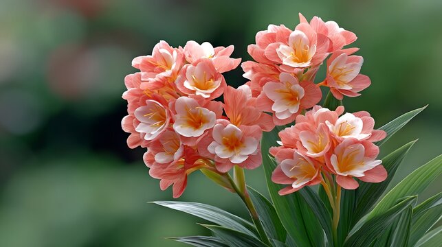Peach-colored clivia flowers with a yellow center. Green leaves in background