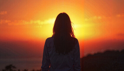 Female silhouette observing glowing sunset sky, nature's beauty
