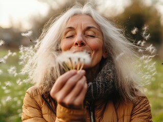 A woman blowing dandelion seeds in the breeze with a serene smile