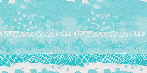 Seamless teal green woven grunge dye border pattern. Irregular beach cottage dye washed out resist banner background. Modern mottled woven style for trendy coastal worn texture tape edging trim.