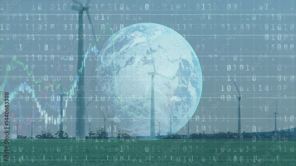Poster Wind turbines rotating across green field showing binary code overlay and chart rising +6