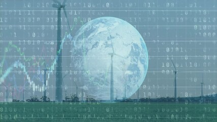 Wind turbines rotating across green field showing binary code overlay and chart rising +6 - Powered by Adobe