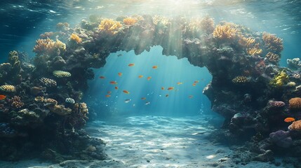 Obraz premium A picturesque coral underwater reef archway with tropical fish swimming through bathed in shimmering light as the tide creates soft underwater currents cut out on isolated transparent background
