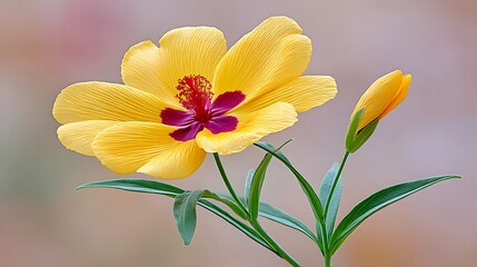 Obraz premium Vibrant yellow flower with a deep purple center, and a bud against a soft bokeh backdrop