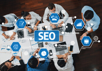 A dynamic team meeting focused on SEO strategies, featuring data mining techniques and innovative...