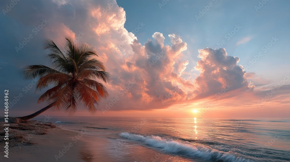 Poster vibrant hues fill the sky as the sun sets over a calm ocean, creating a breathtaking display of colo