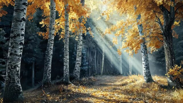 Sunbeams illuminate autumn forest path with birch trees and vibrant foliage
