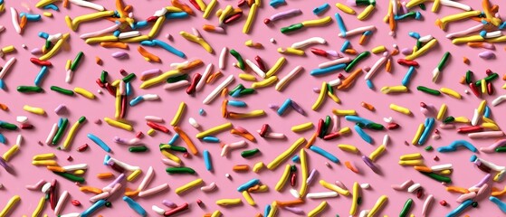 Vibrant sprinkles scattered on pink background creating a playful and colorful texture sweet confectionary treat delicious dessert topping flat lay food photography