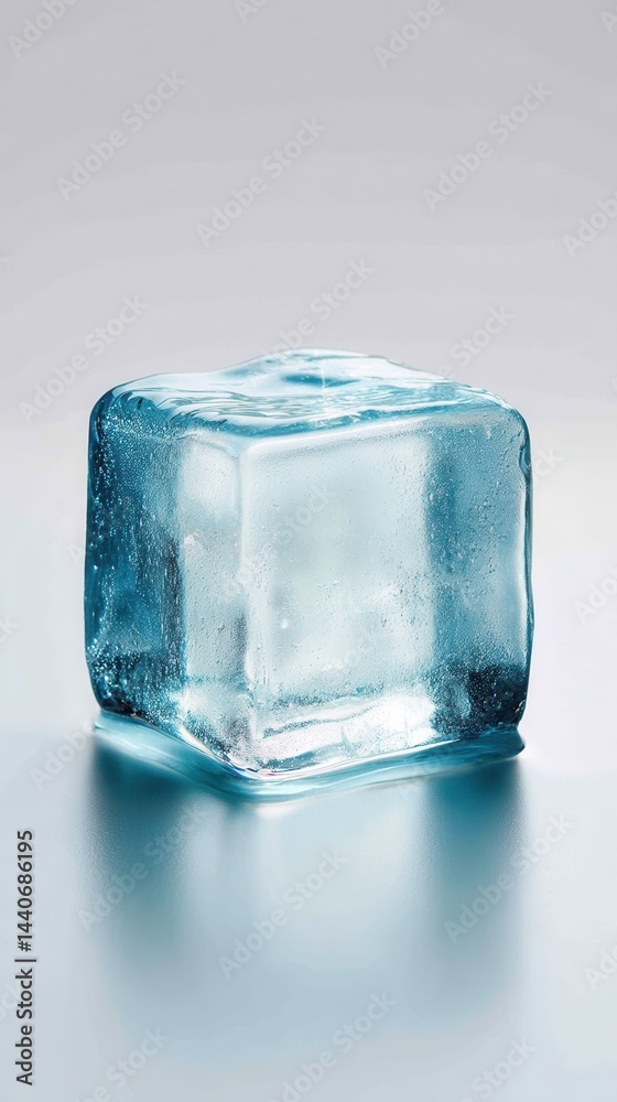 Poster captivating close up of a single translucent ice cube reflecting light on a smooth surface showcasin